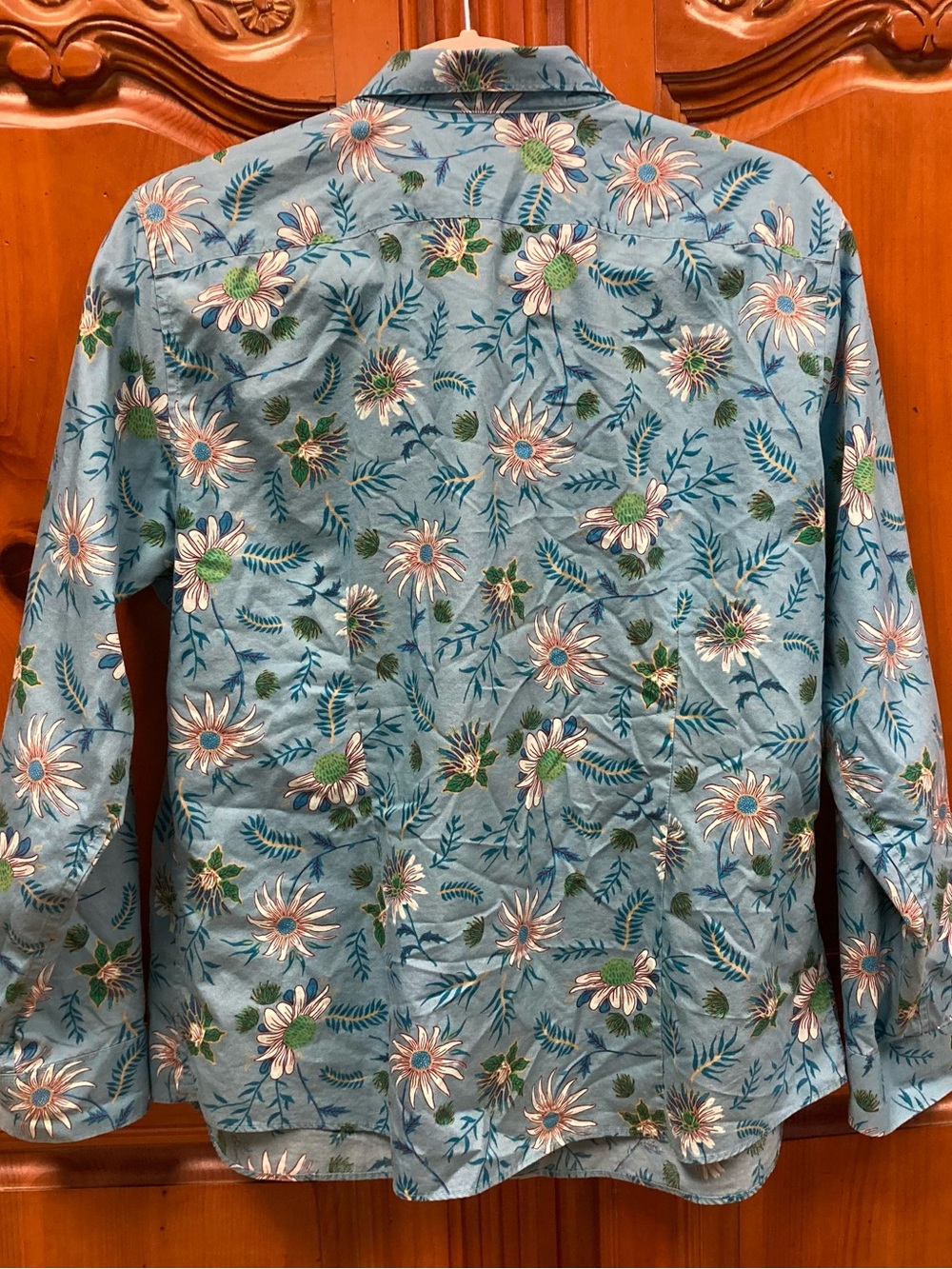 Lands’ End Floral Supima Cotton Button Front Shirt 16P Blue Daisy Print No Iron - Picture 2 of 7